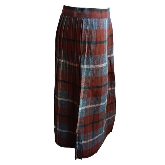 27W Medium Vintage Skirt 50's MCM Plaid Wool Pleated With Zip & Button Closure - Picture 5 of 7